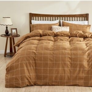 JELLYMONI 100% Natural Cotton Full Duvet Cover Set, 3pcs Plaid Duvet Cover Sets